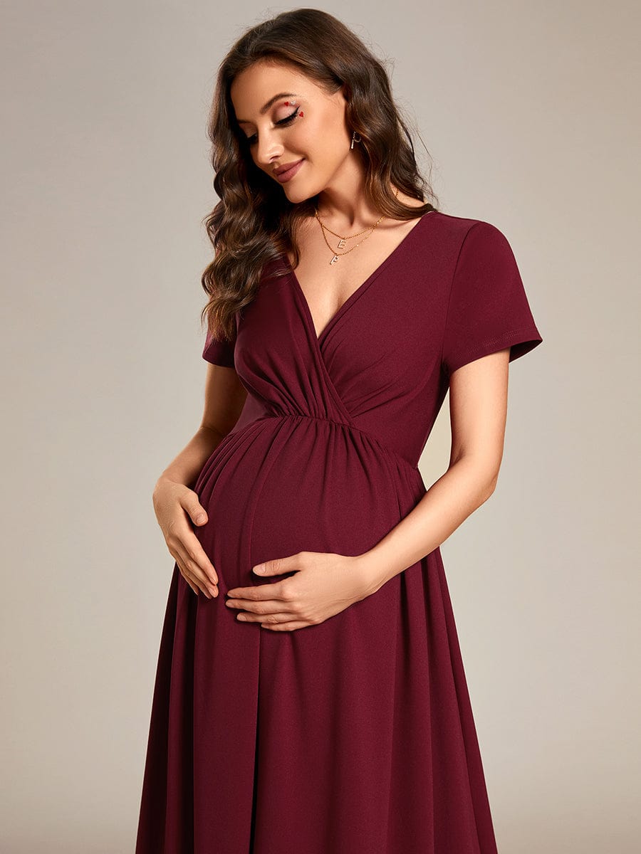 V-Neck Short Sleeve A-line Maternity Dress #Color_Burgundy