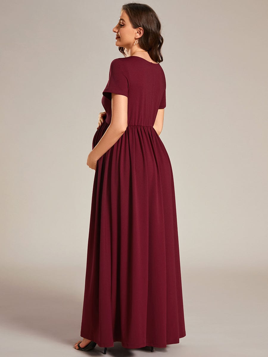 V-Neck Short Sleeve A-line Maternity Dress #Color_Burgundy