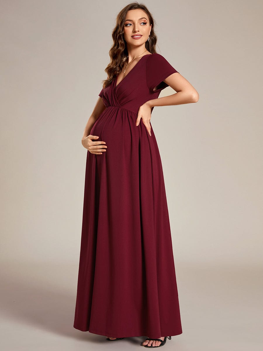 V-Neck Short Sleeve A-line Maternity Dress #Color_Burgundy