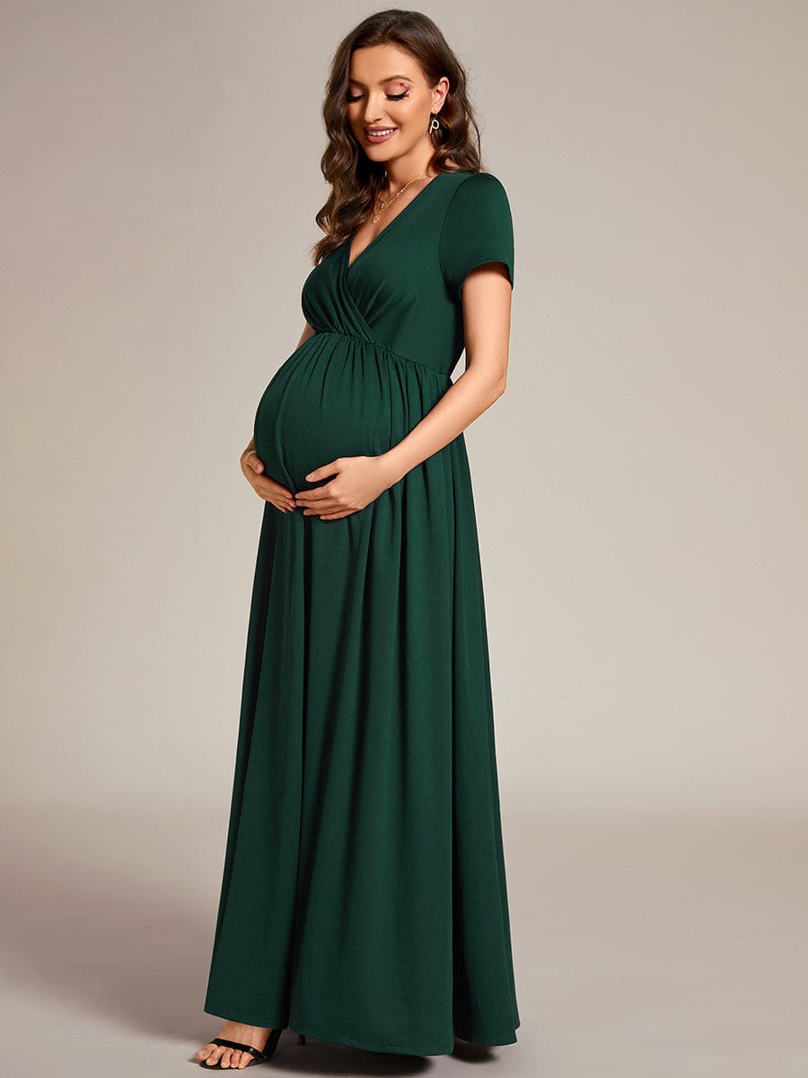 V-Neck Short Sleeve A-line Maternity Dress #Color_Dark Green