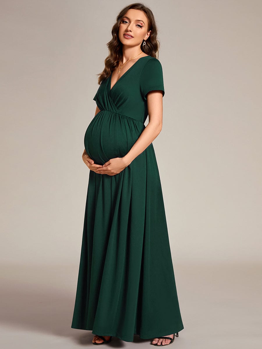 V-Neck Short Sleeve A-line Maternity Dress #Color_Dark Green