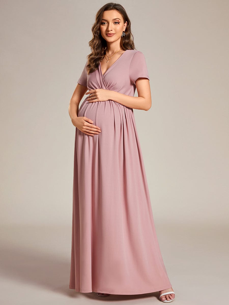 V-Neck Short Sleeve A-line Maternity Dress #Color_Dusty Rose