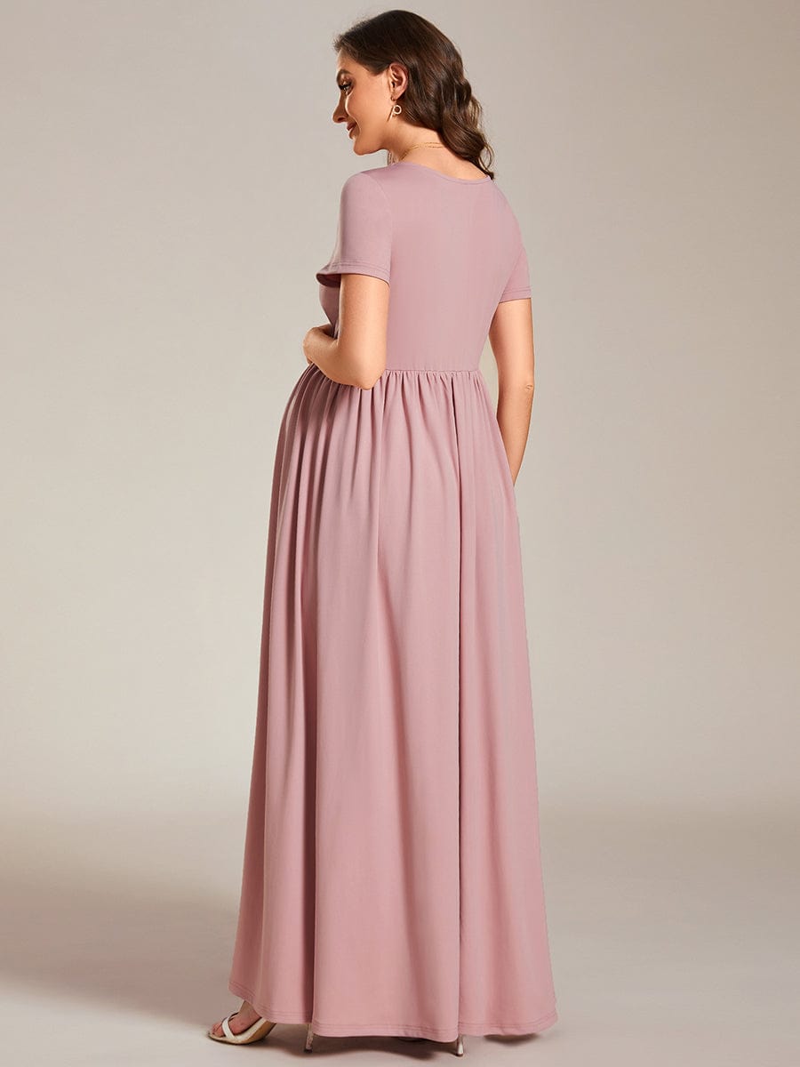 V-Neck Short Sleeve A-line Maternity Dress #Color_Dusty Rose