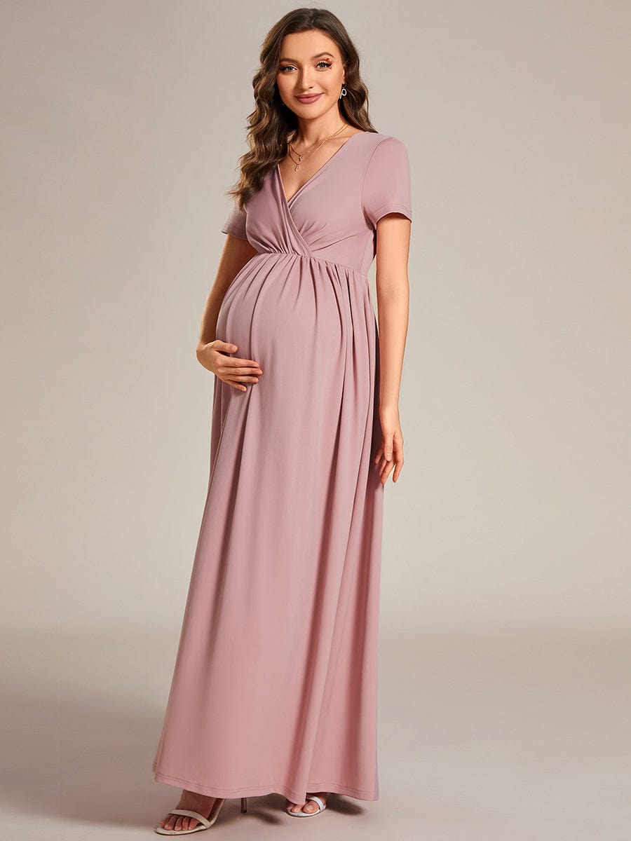 V-Neck Short Sleeve A-line Maternity Dress #Color_Dusty Rose