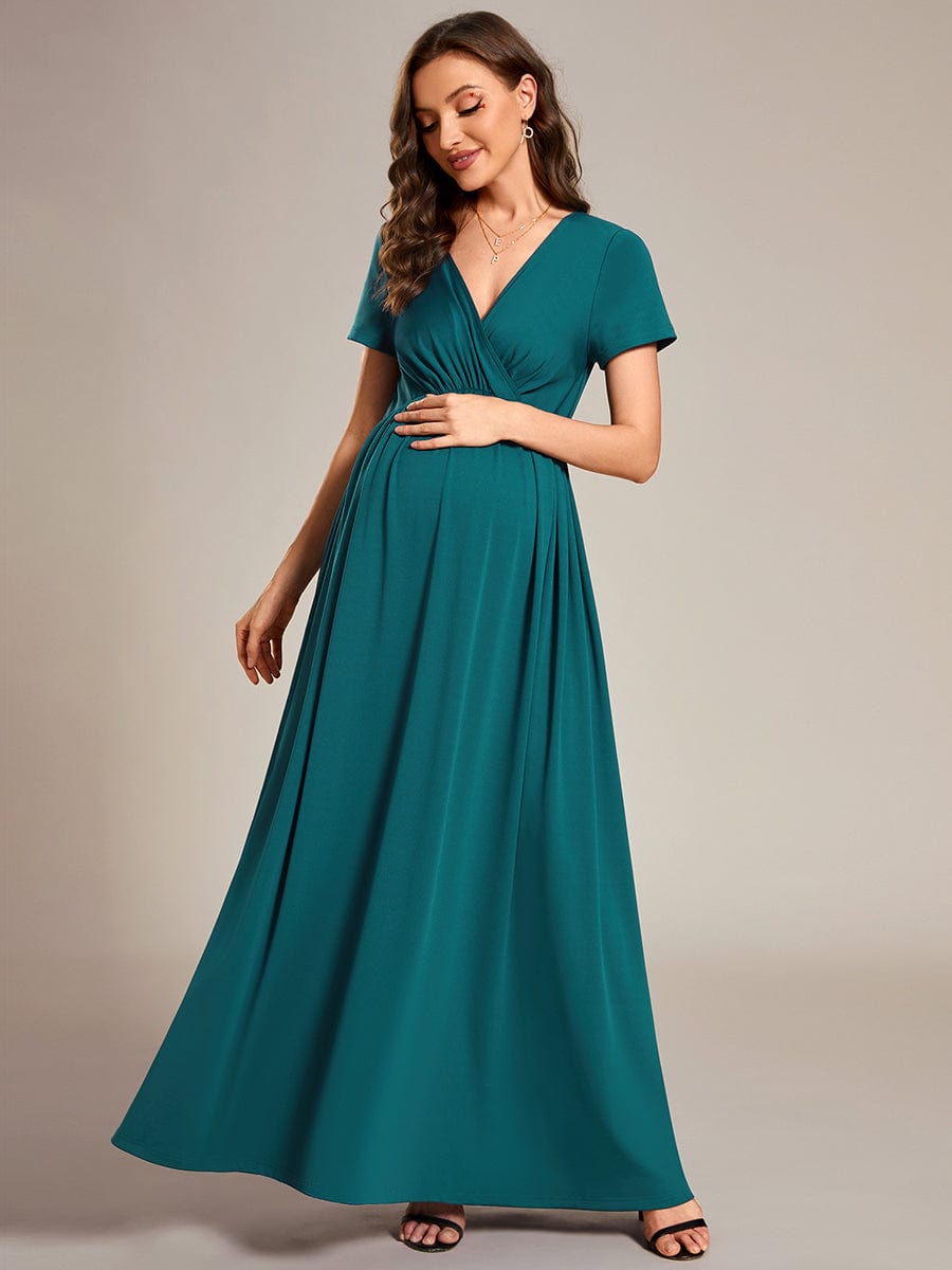 V-Neck Short Sleeve A-line Maternity Dress #Color_Teal