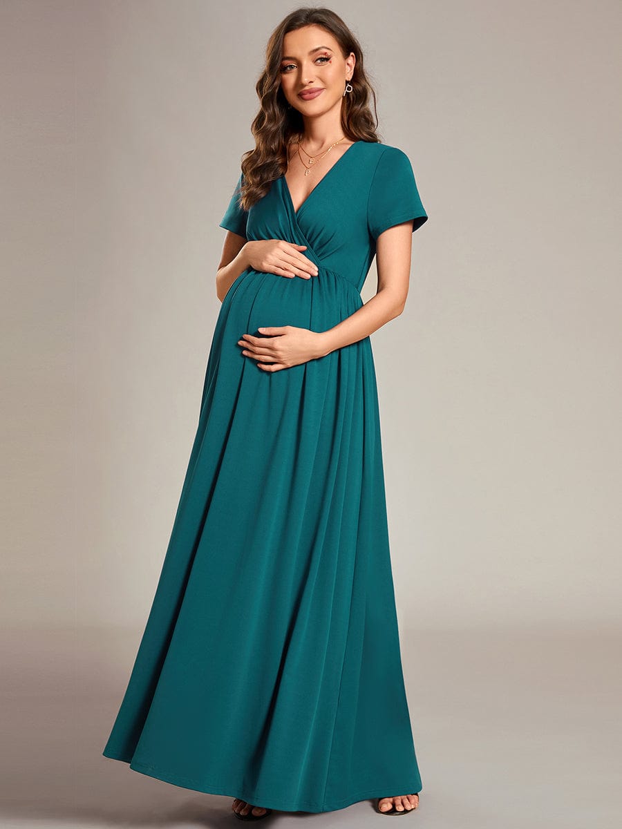 V-Neck Short Sleeve A-line Maternity Dress #Color_Teal