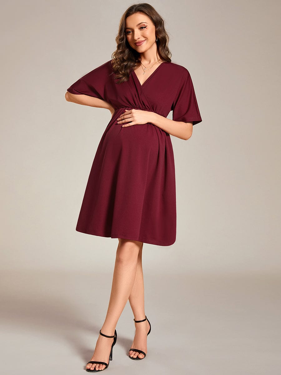 Loose V-Neck Half Sleeve Knee Length Maternity Dress #color_Burgundy