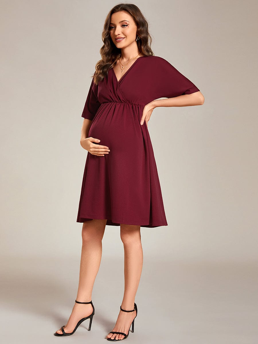 Loose V-Neck Half Sleeve Knee Length Maternity Dress #color_Burgundy