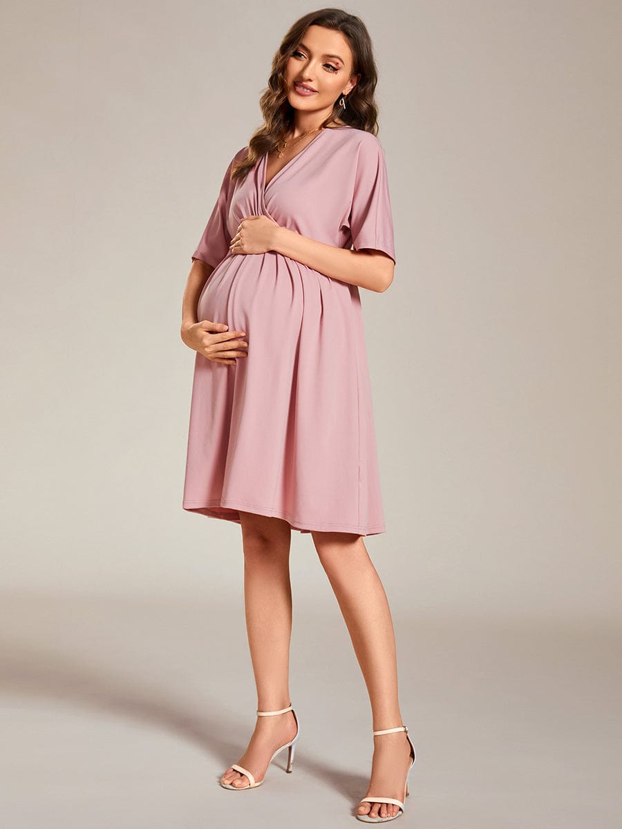 Loose V-Neck Half Sleeve Knee Length Maternity Dress #color_Dusty Rose