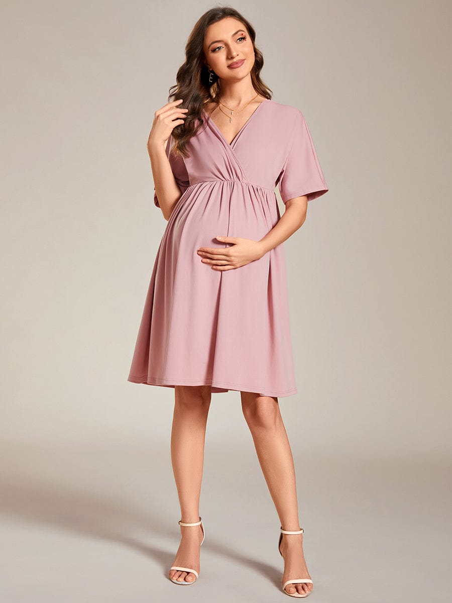 Loose V-Neck Half Sleeve Knee Length Maternity Dress #color_Dusty Rose