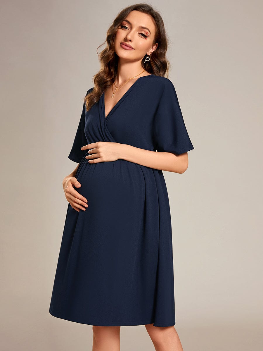 Loose V-Neck Half Sleeve Knee Length Maternity Dress #color_Navy Blue