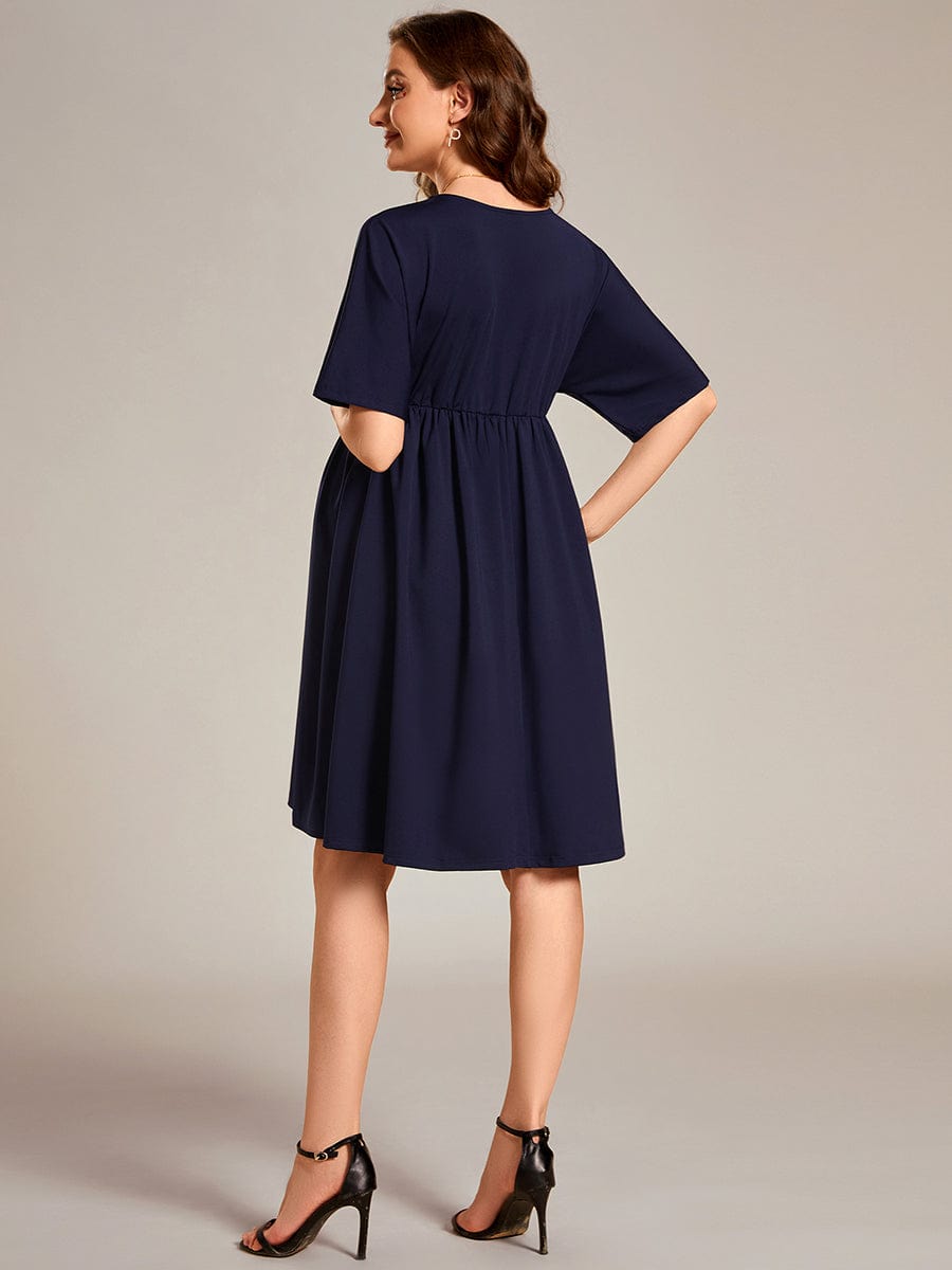 Loose V-Neck Half Sleeve Knee Length Maternity Dress #color_Navy Blue