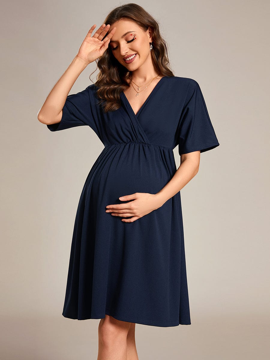 Loose V-Neck Half Sleeve Knee Length Maternity Dress #color_Navy Blue