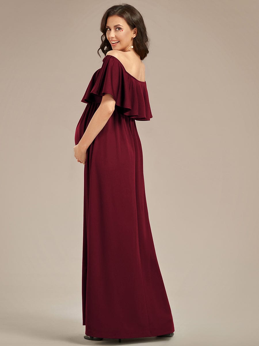 Flattering A-Line Maternity Dress with Off-Shoulder Ruffle #color_Burgundy