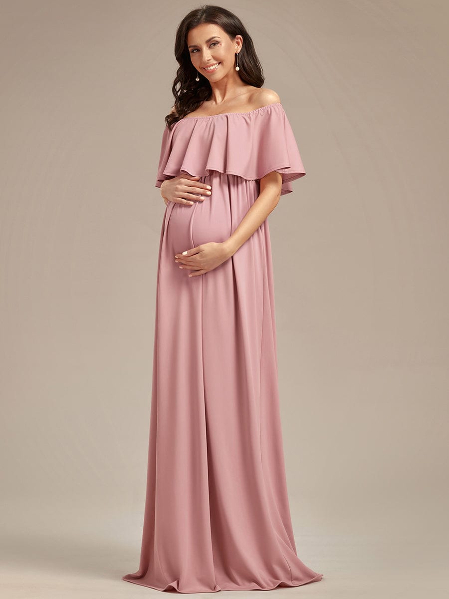 Flattering A-Line Maternity Dress with Off-Shoulder Ruffle #color_Dusty Rose