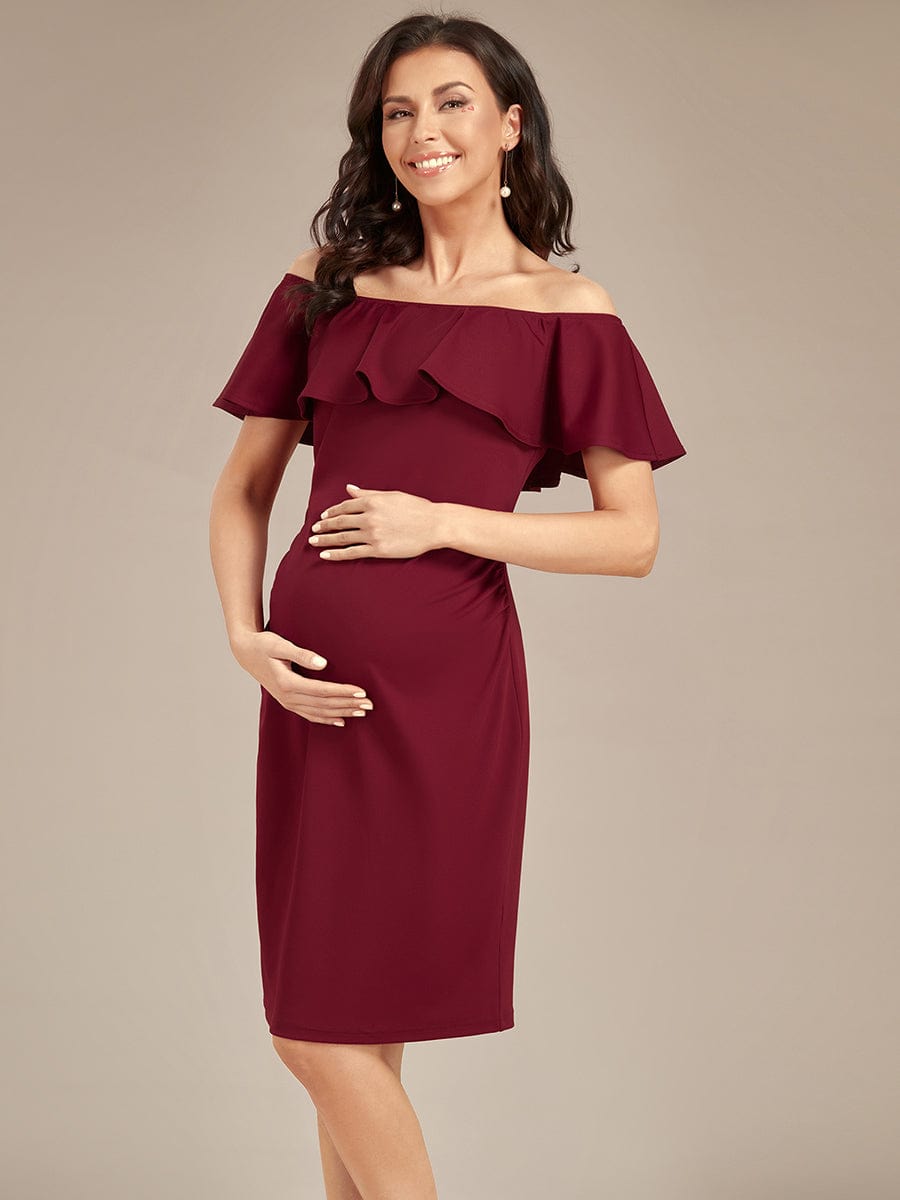 Elegant Ruffle Off-The-Shoulder Bodycon Midi Maternity Dress #color_Burgundy