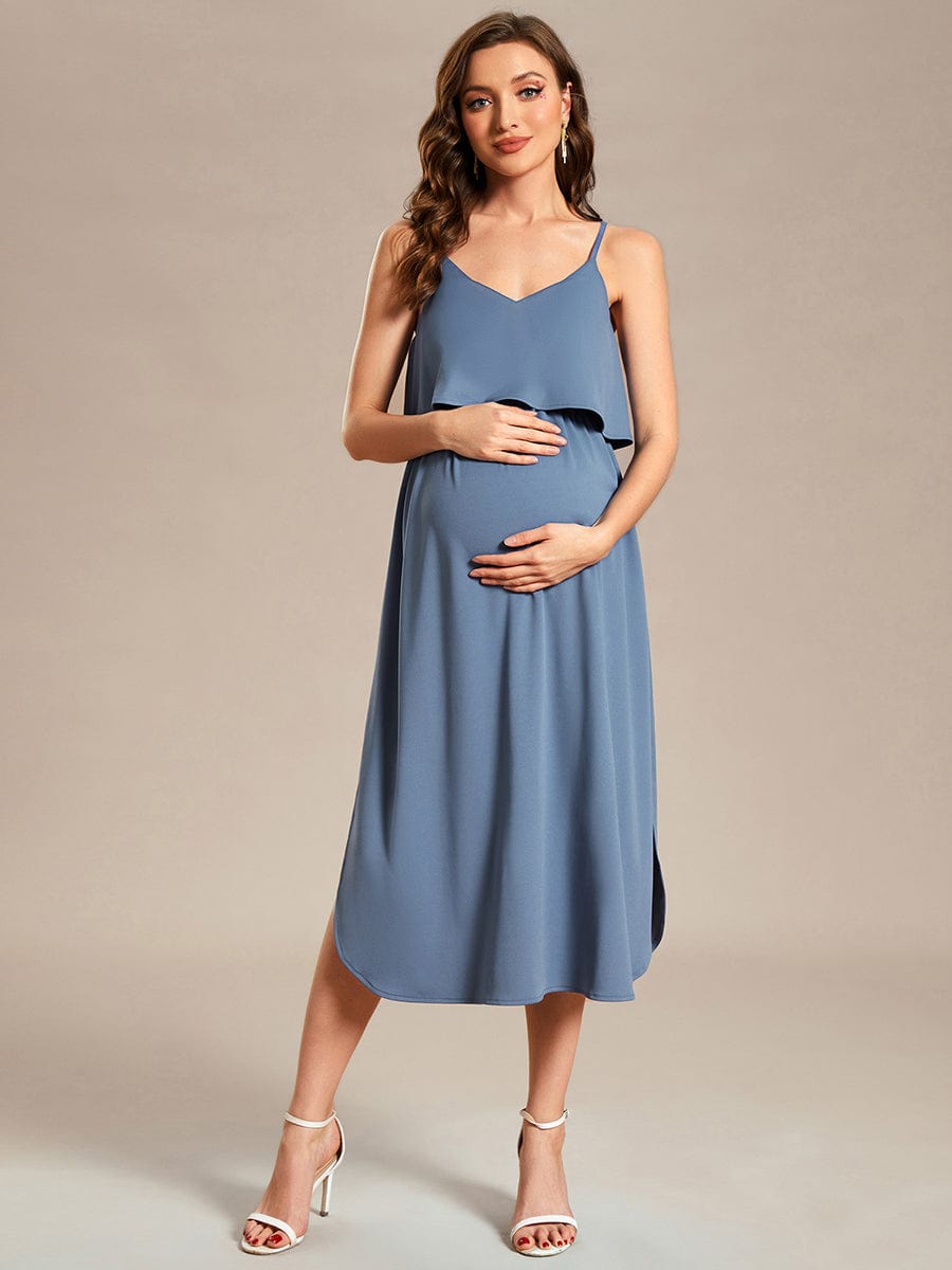 Adjustable Spaghetti Straps A-Line Maternity Dress #color_Dusty Blue