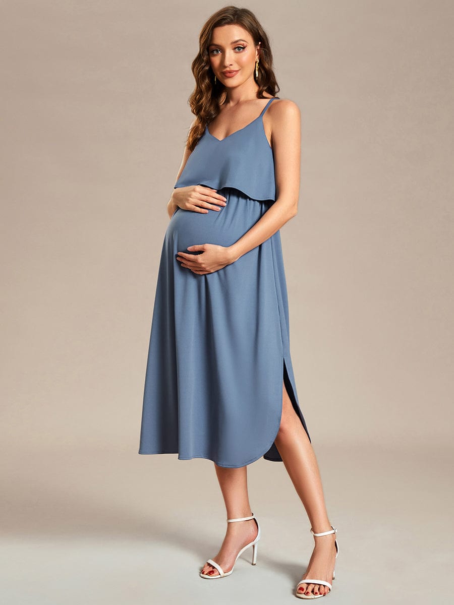 Adjustable Spaghetti Straps A-Line Maternity Dress #color_Dusty Blue