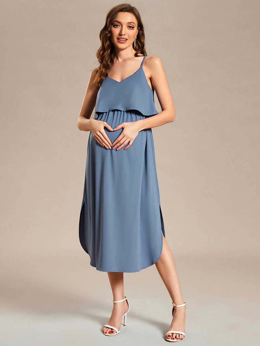 Adjustable Spaghetti Straps A-Line Maternity Dress #color_Dusty Blue