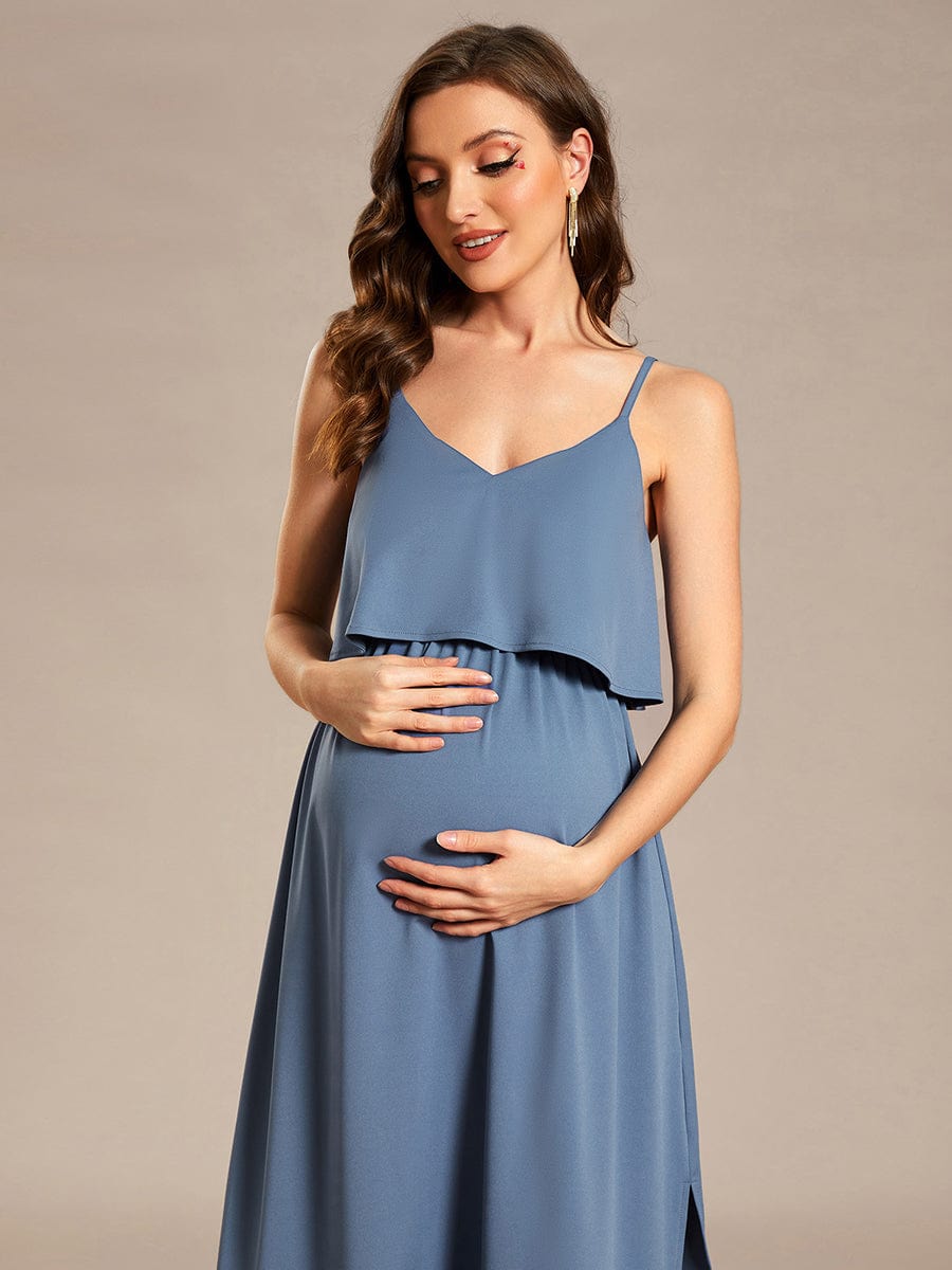 Adjustable Spaghetti Straps A-Line Maternity Dress #color_Dusty Blue