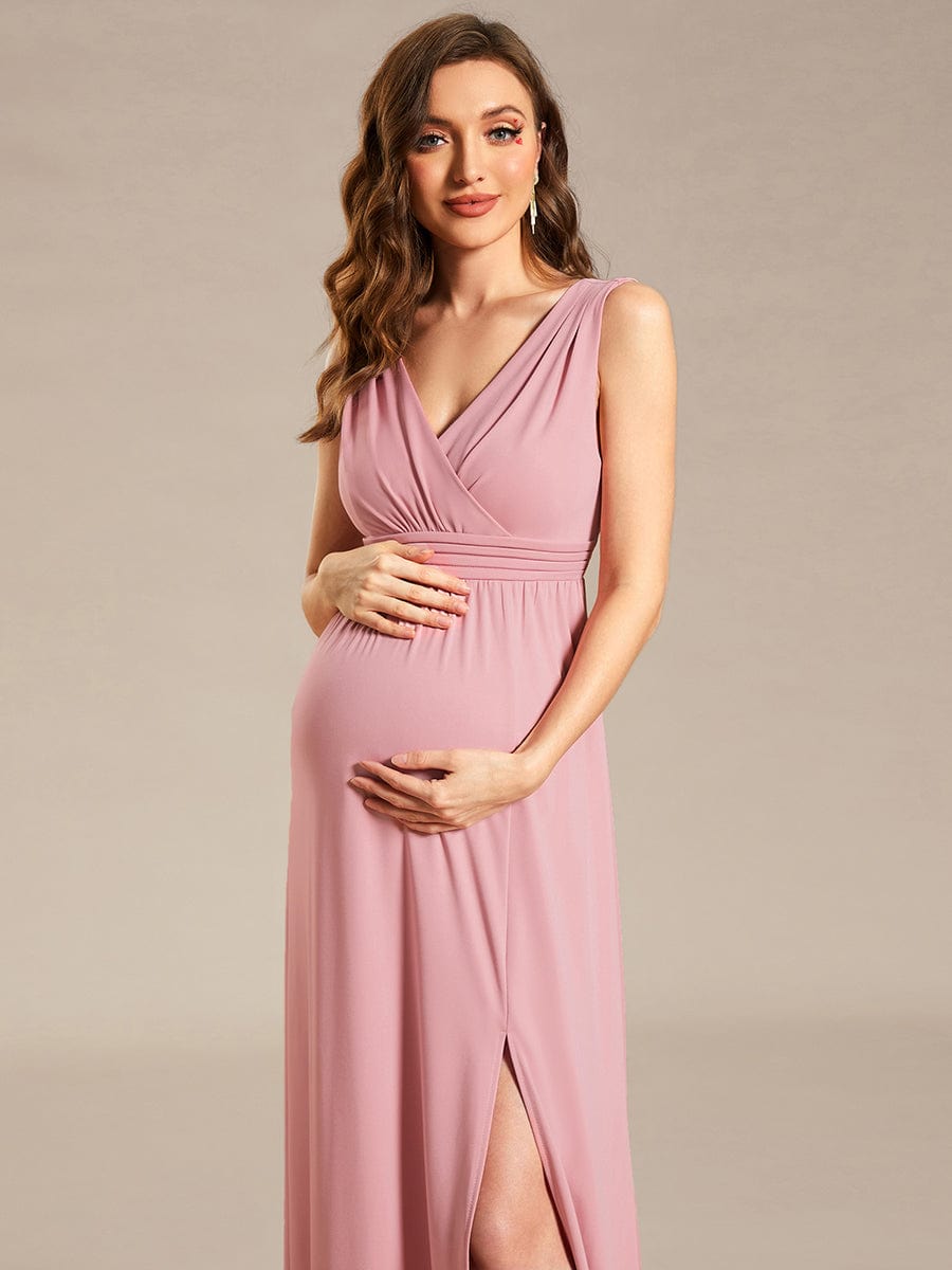 Sleeveless V-Neck Pleated Maternity Dress with Front Slit #color_Dusty Rose