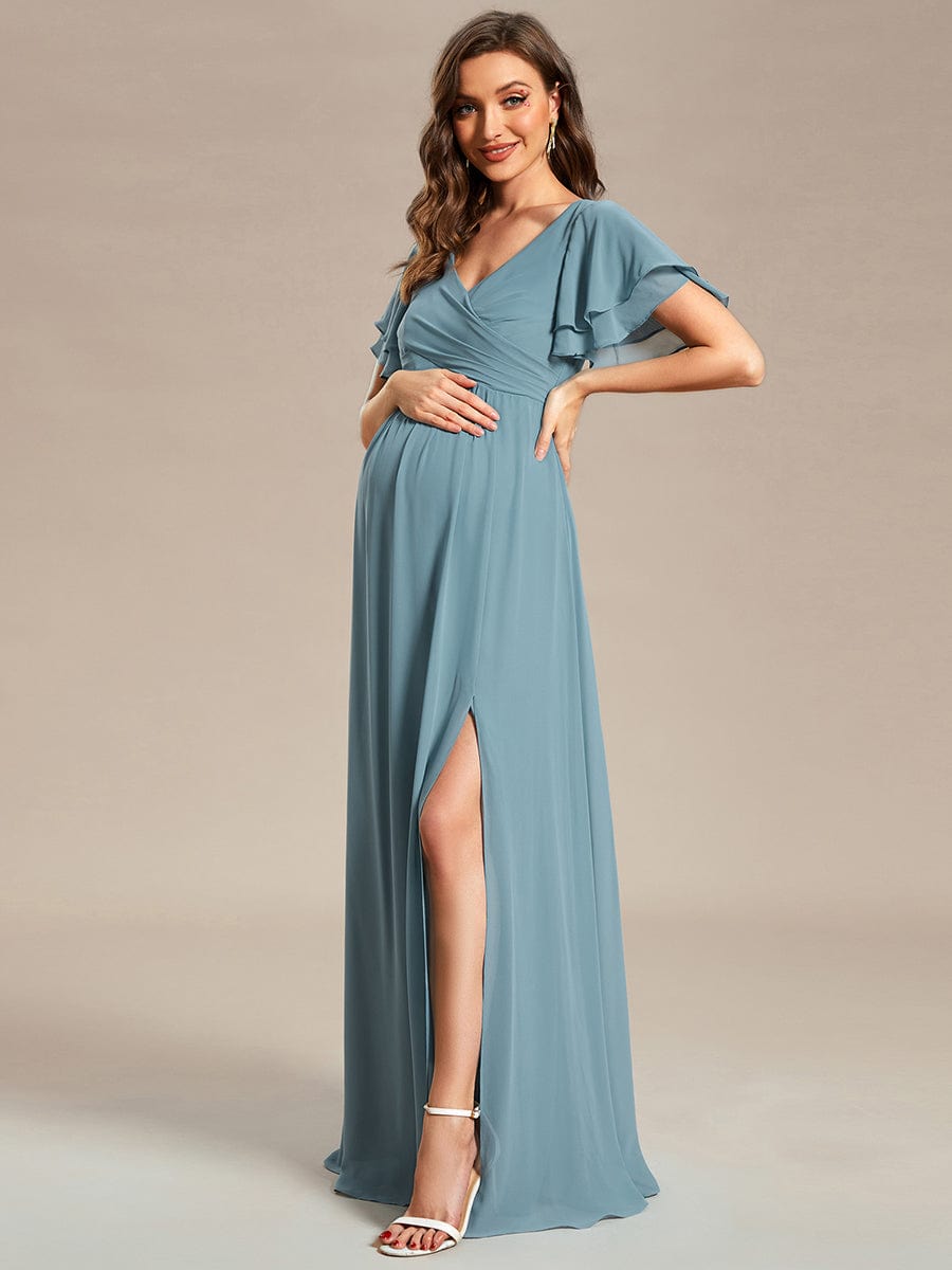 Ruffles Sleeve Front Slit Pleated Chiffon Maternity Dress #color_Light Teal