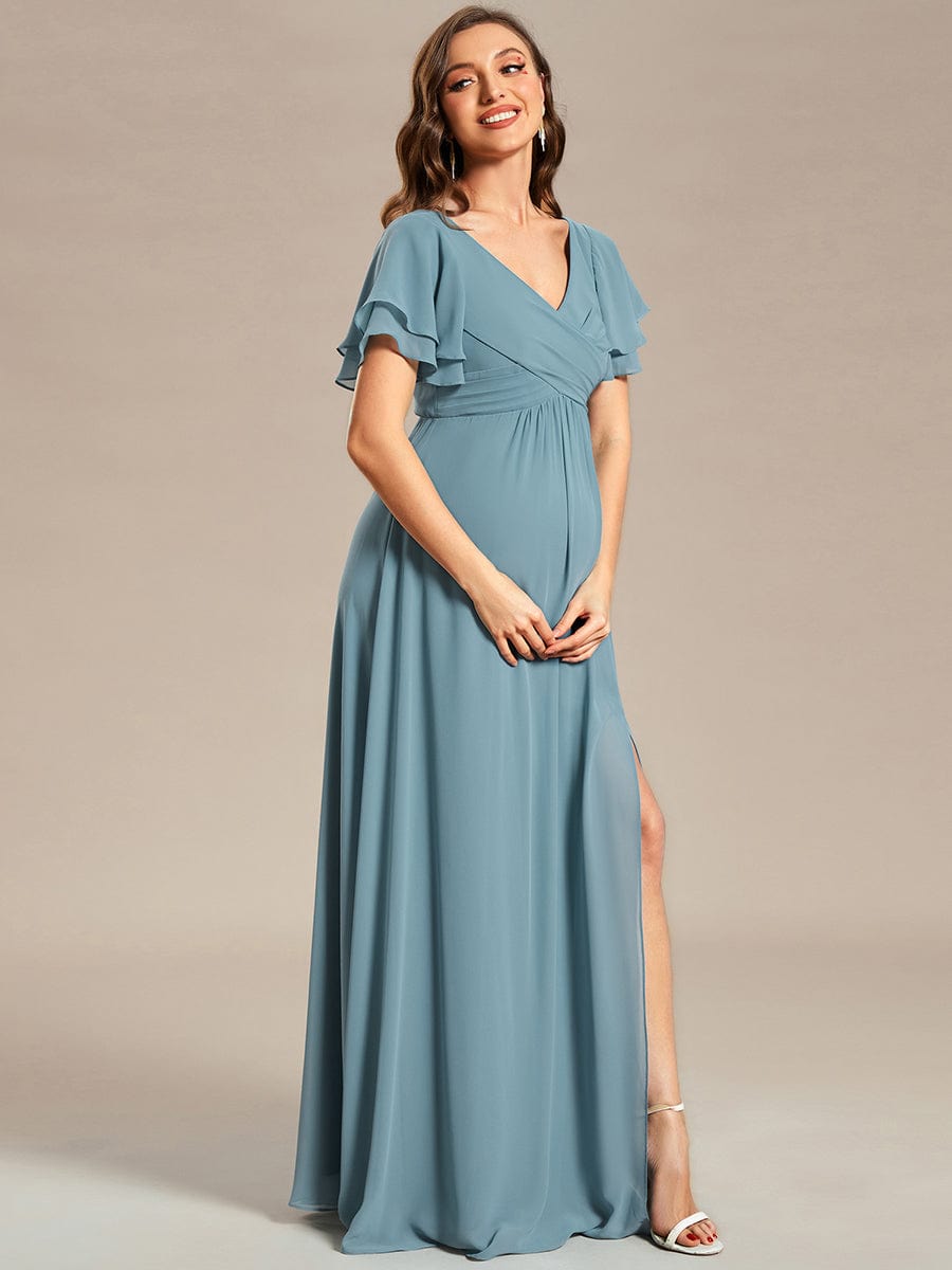 Ruffles Sleeve Front Slit Pleated Chiffon Maternity Dress #color_Light Teal