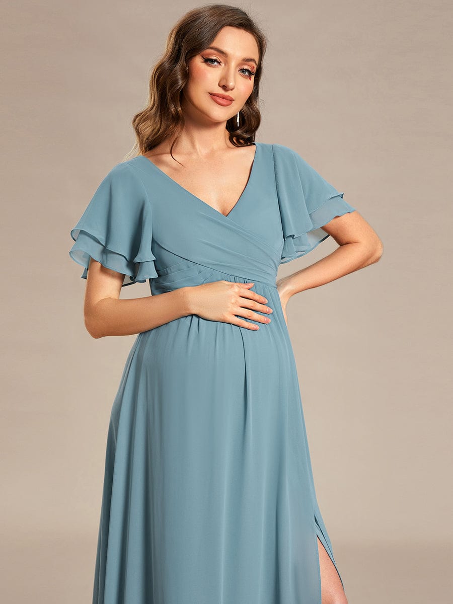 Ruffles Sleeve Front Slit Pleated Chiffon Maternity Dress #color_Light Teal