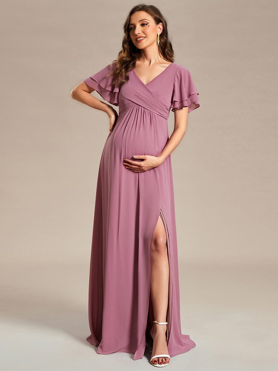 Ruffles Sleeve Front Slit Pleated Chiffon Maternity Dress #color_Purple Orchid