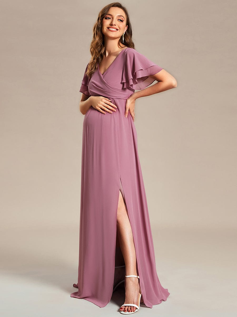 Ruffles Sleeve Front Slit Pleated Chiffon Maternity Dress #color_Purple Orchid