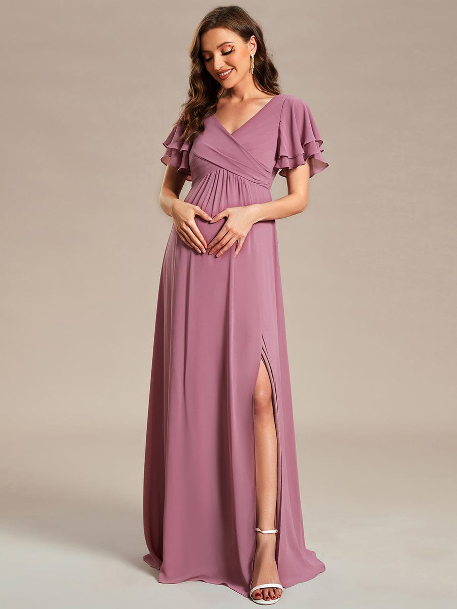 Ruffles Sleeve Front Slit Pleated Chiffon Maternity Dress #color_Purple Orchid