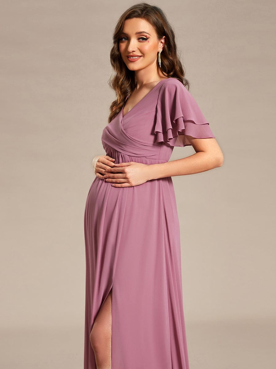 Ruffles Sleeve Front Slit Pleated Chiffon Maternity Dress #color_Purple Orchid