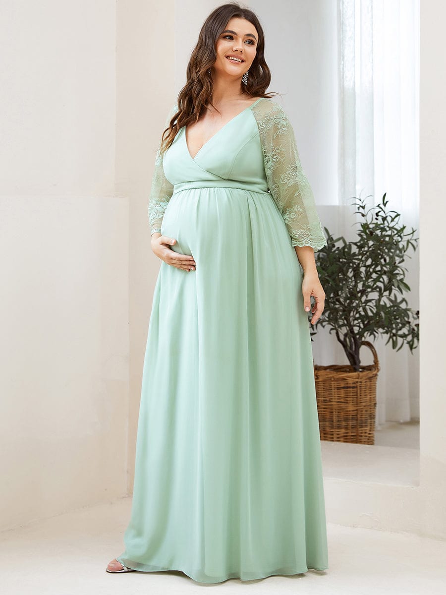 Sheer Lace Short Sleeve Maxi Maternity Dress #color_Mint Green