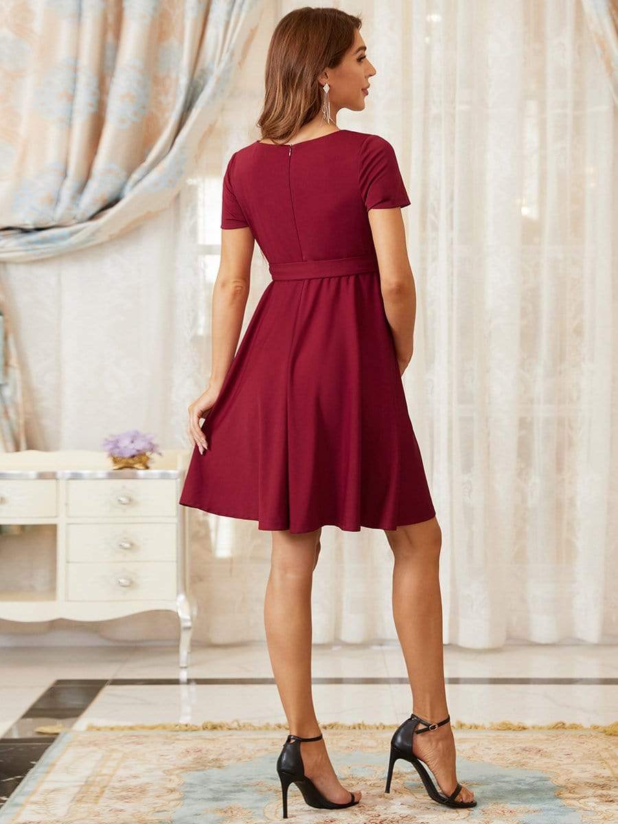 Deep V Neck Short Sleeves Full Circle Skirt Short Maternity Dress #color_Burgundy