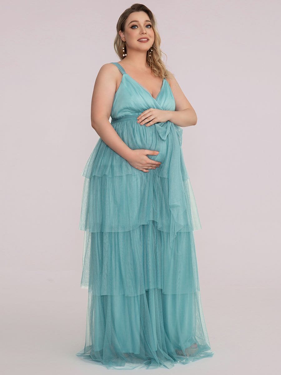 Plus Size Deep V Sleeveless Mid-Rib Layered Tulle Long Maternity Dress #color_Dusty Blue