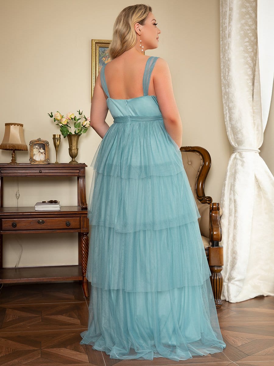 Plus Size Deep V Sleeveless Mid-Rib Layered Tulle Long Maternity Dress #color_Dusty Blue