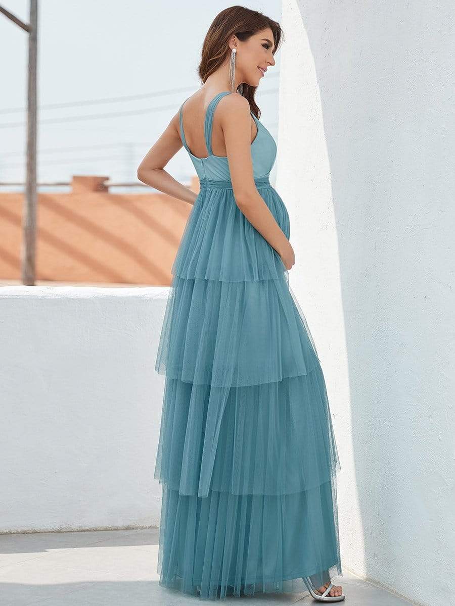 Deep V Sleeveless Mid-Rib Layered Tulle Long Maternity Dress #color_Dusty Blue