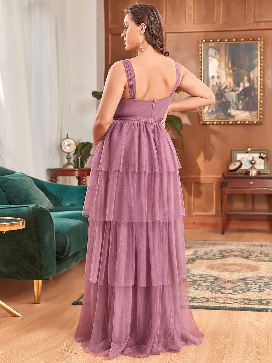 Plus Size Deep V Sleeveless Mid-Rib Layered Tulle Long Maternity Dress #color_Purple Orchid