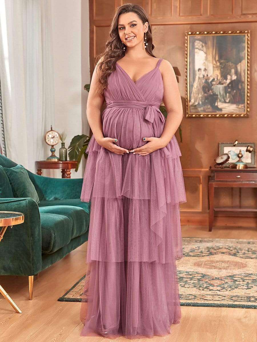 Plus Size Deep V Sleeveless Mid-Rib Layered Tulle Long Maternity Dress #color_Purple Orchid