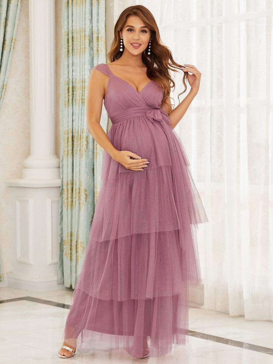 Deep V Sleeveless Mid-Rib Layered Tulle Long Maternity Dress #color_Purple Orchid