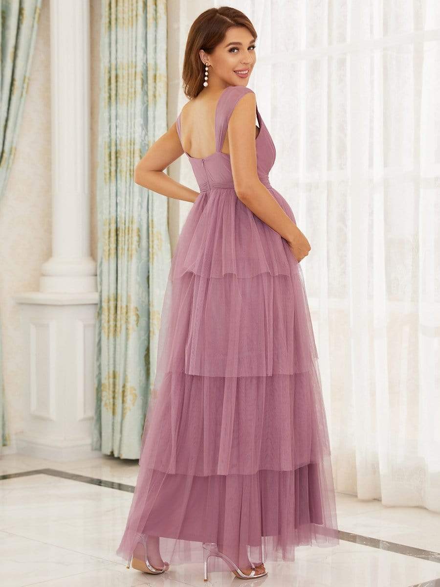 Deep V Sleeveless Mid-Rib Layered Tulle Long Maternity Dress #color_Purple Orchid