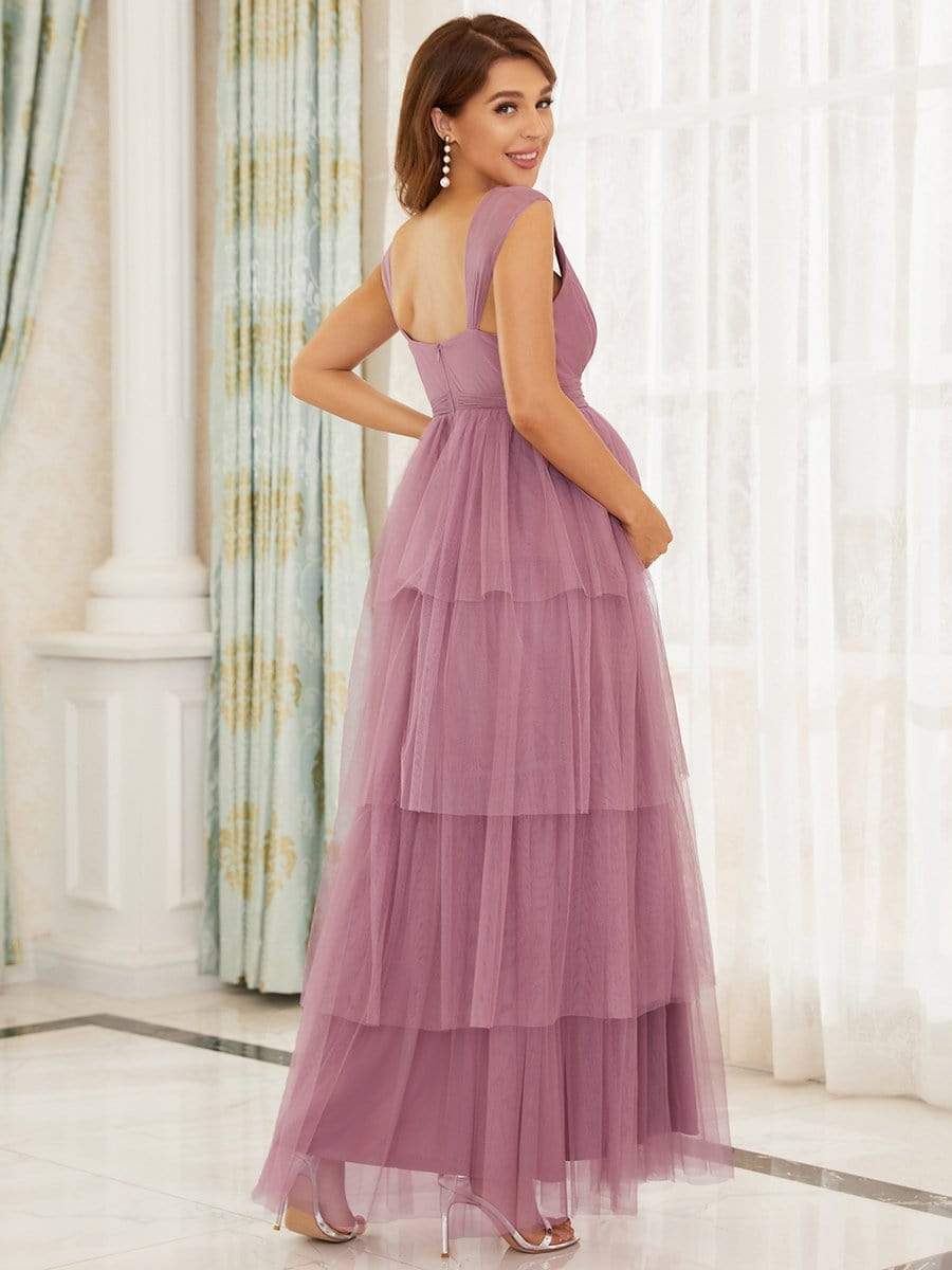 V-neck Sleeveless Mid-Rib Layered Tulle Long Maternity Wedding Guest Dress #color_Purple Orchid