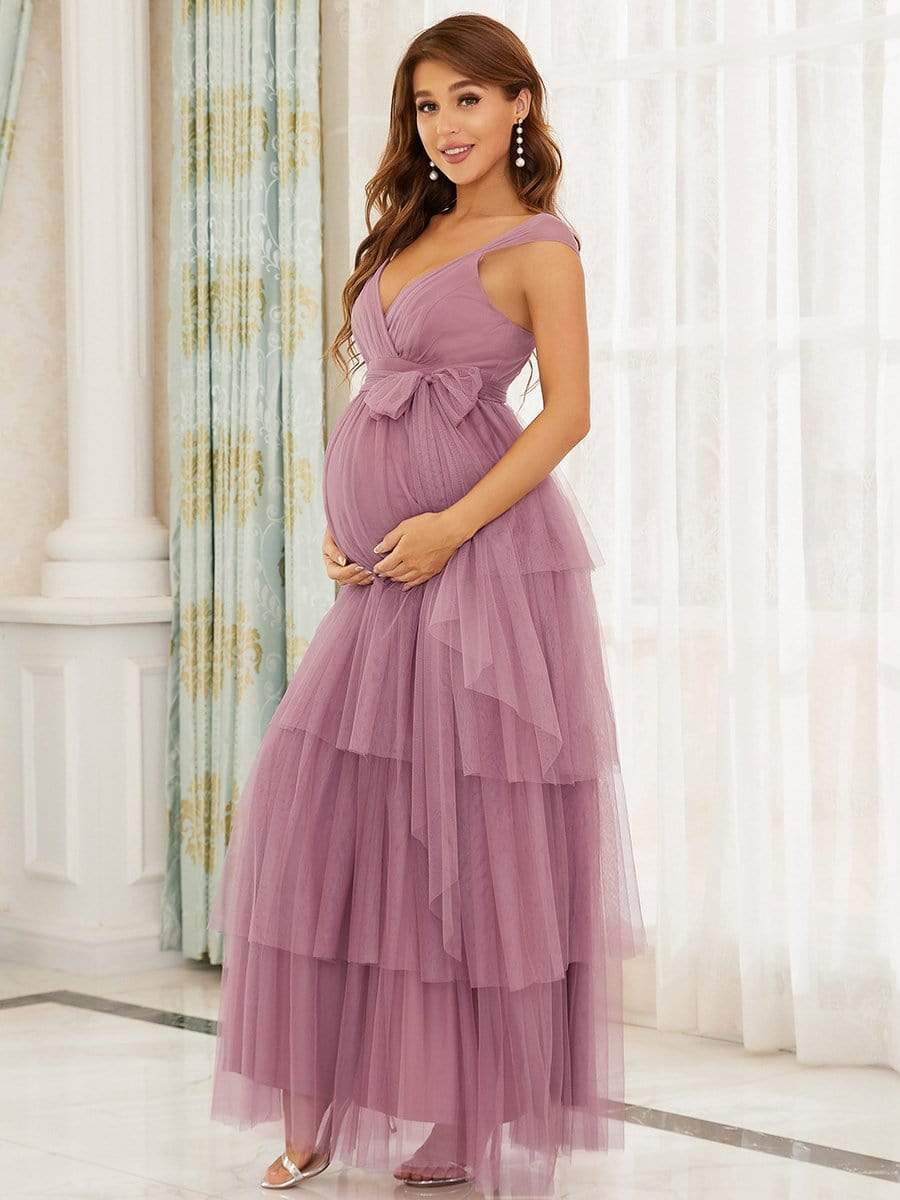 Deep V Sleeveless Mid-Rib Layered Tulle Long Maternity Dress #color_Purple Orchid
