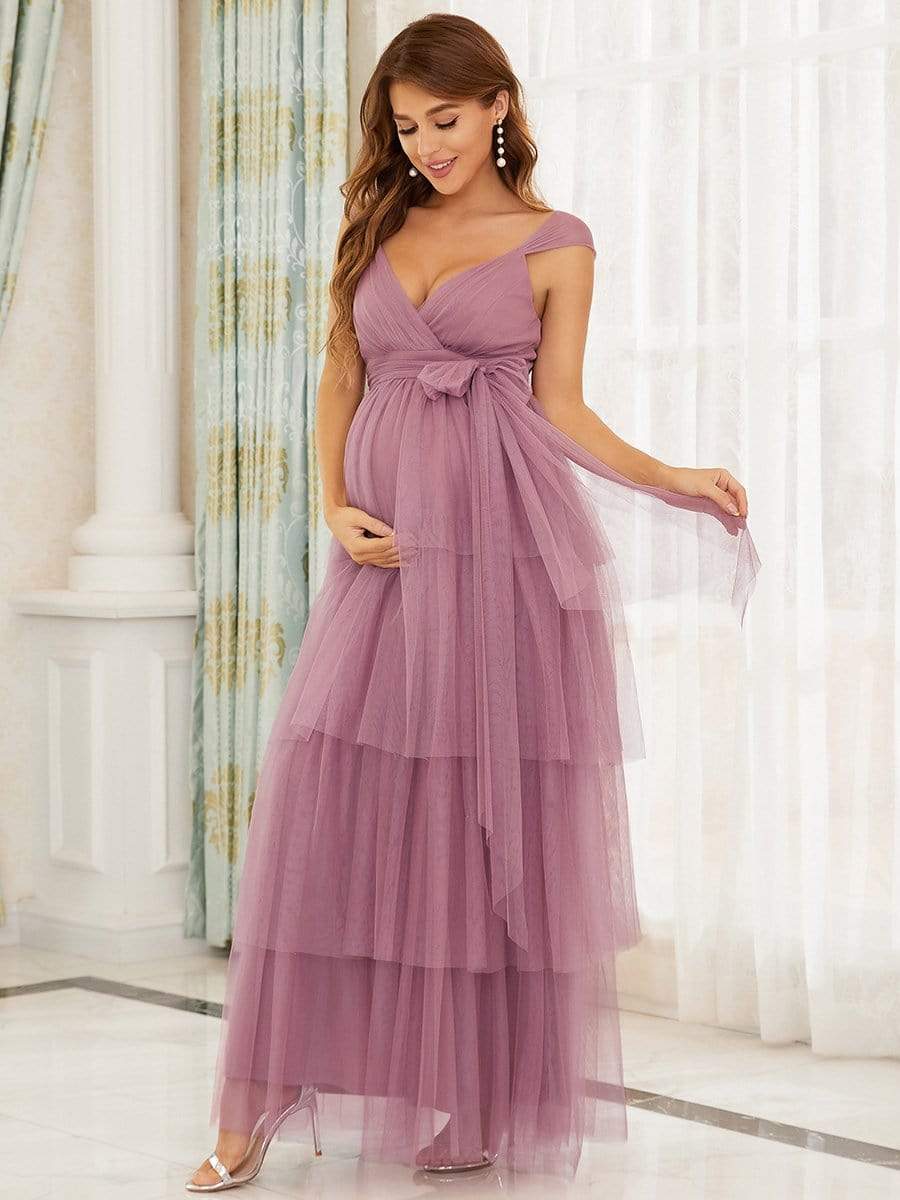 V-neck Sleeveless Mid-Rib Layered Tulle Long Maternity Wedding Guest Dress #color_Purple Orchid