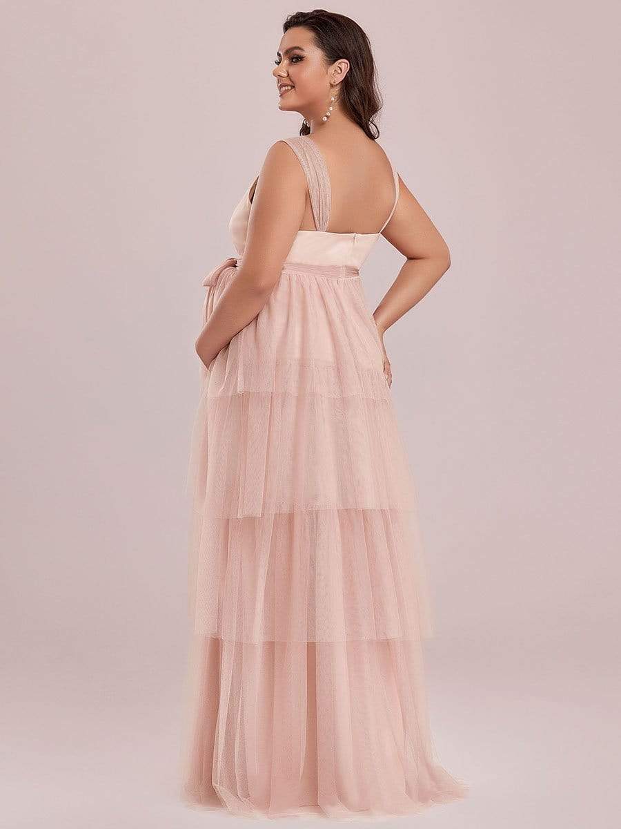 Plus Size Deep V Sleeveless Mid-Rib Layered Tulle Long Maternity Dress #color_Pink