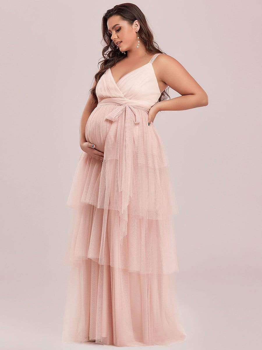 Plus Size Deep V Sleeveless Mid-Rib Layered Tulle Long Maternity Dress #color_Pink