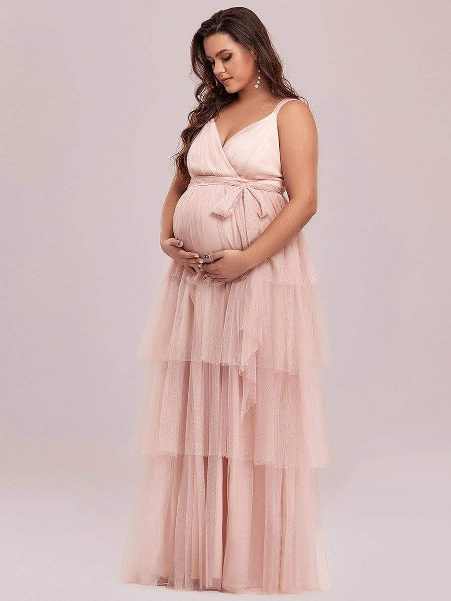 Plus Size Deep V Sleeveless Mid-Rib Layered Tulle Long Maternity Dress #color_Pink