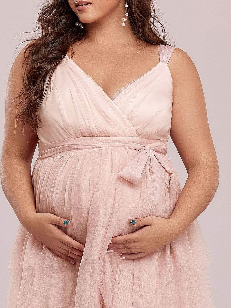 Plus Size Deep V Sleeveless Mid-Rib Layered Tulle Long Maternity Dress #color_Pink