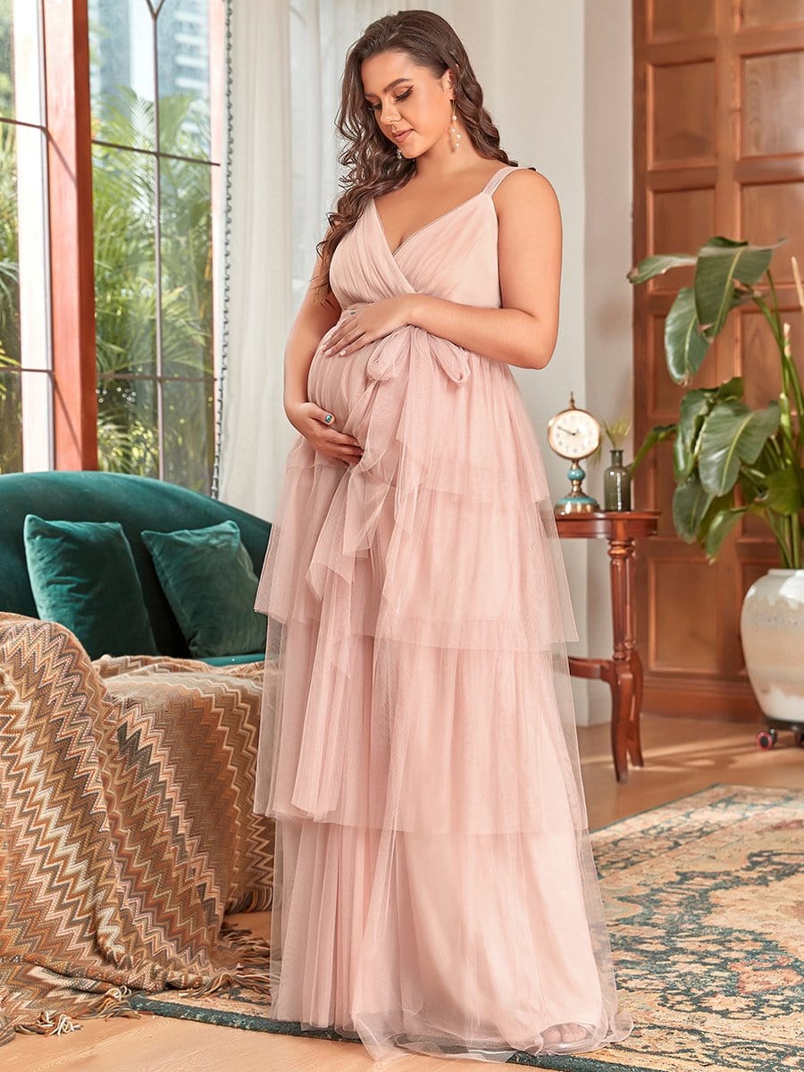 Plus Size Deep V Sleeveless Mid-Rib Layered Tulle Long Maternity Dress #color_Pink