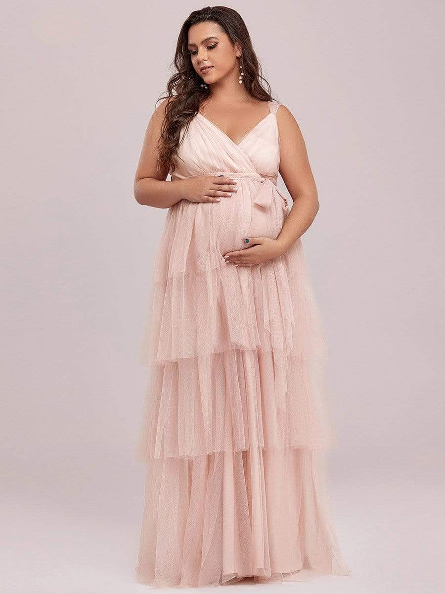 Plus Size Deep V Sleeveless Mid-Rib Layered Tulle Long Maternity Dress #color_Pink